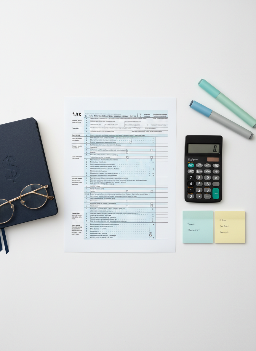 A flat lay of tax preparation essentials arranged precisely on a matte white surface: a blank tax form with clearly defined but unreadable fields, a sleek black calculator, highlighters in soft blues and greens, and color-coded sticky notes with tiny illegible scribbles. A closed navy notebook with a subtle embossed dollar sign and a pair of minimalist metal-rimmed glasses add structure to the layout. Soft studio lighting from above creates gentle shadows and crisp edges, emphasizing clarity and organization. Photographic realism with sharp focus throughout the frame conveys a calm, methodical mood, perfect for a young adult planning their first income tax filing in an intuitive, jargon-free way.