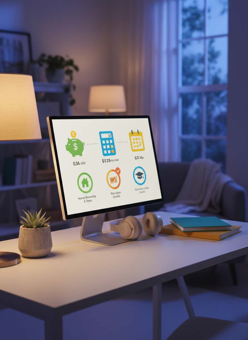 An inviting study nook with a slim monitor displaying a simplified, friendly tax learning interface made up of large shapes and icons instead of words. The monitor sits on a white desk alongside a small potted succulent, color-blocked notebooks in teal and mustard, and wireless headphones resting on the base of the screen. Warm, diffused lamp light from a fabric-shaded desk lamp combines with faint evening light from a nearby window, creating a cozy, focused atmosphere. Shot at a three-quarter angle with photographic realism and a moderate depth of field, the scene conveys a calm, encouraging space where a young adult can comfortably learn income tax basics without intimidation.