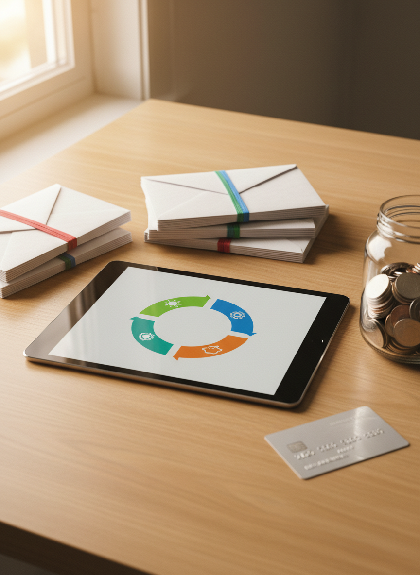 A simple monthly budget and tax planning scene on a smooth light oak table, with a tablet displaying a brightly colored, icon-based infographic about income, deductions, and refunds (no readable text). Around the tablet lie neatly stacked envelopes marked only with colored stripes, a clear jar half-filled with coins, and a slim debit card. Afternoon natural light streams in from the side, creating soft highlights on the glass jar and tablet screen. Captured from a slightly elevated angle with photographic realism and balanced composition, the image feels encouraging and practical, illustrating how understanding taxes connects to everyday money management for students and first-time earners.